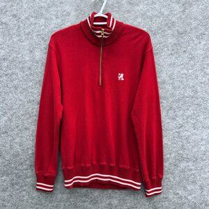 Benetton Men's Red Pullover Sweater L, 1/4 Zip Mock Neck 100% Cotton, White Lion